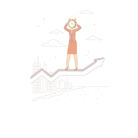 Successful Businesswoman With Alarm Clock On Head Standing On Rising Arrow Surreal Time Management Banner Workflow Optimization Career Growth Concept Cartoon Sketch Flat Vector Illustration Illustration