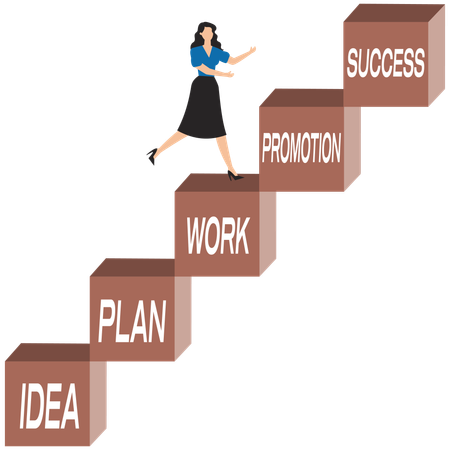 Successful businesswoman climbs the ladder with a series of stages towards success  Illustration