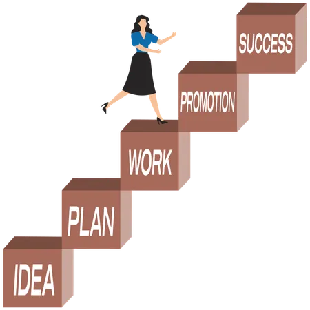 Successful businesswoman climbs the ladder with a series of stages towards success  Illustration