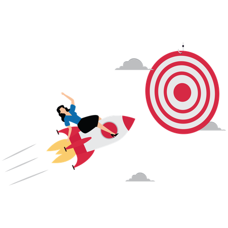 Successful businesswoman flying on rocket going up to target  Illustration