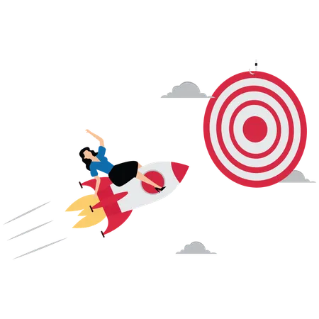 Successful businesswoman flying on rocket going up to target  Illustration