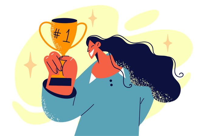 Successful businesswoman holding trophy  Illustration