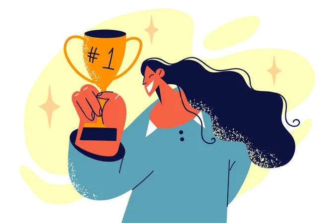 Successful businesswoman holding trophy  Illustration