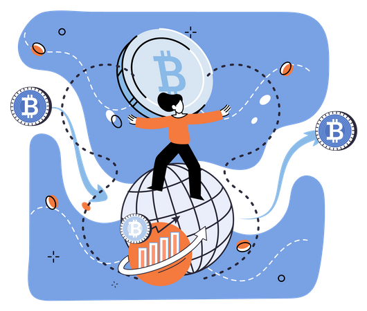 Successful businesswoman moving up with golden bitcoin coin  Illustration