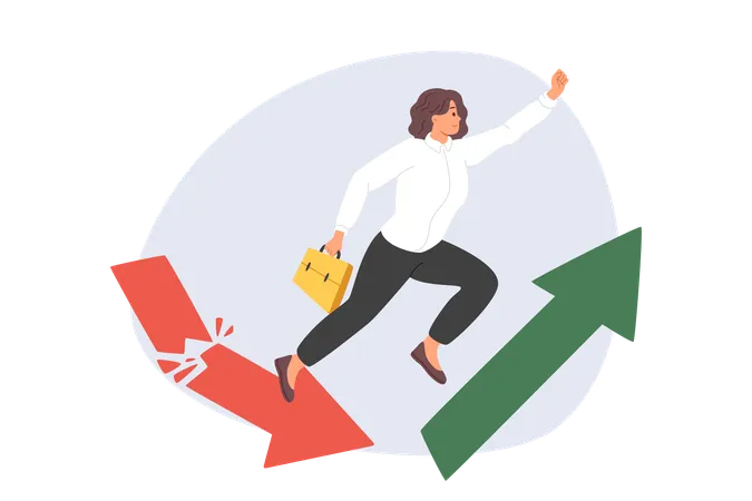 Successful Businesswoman Performs Superhero Jump Improving Company Financial Performance Concept Of Stopping Decline And Starting To Grow Business Thanks To Professional Actions Businesswoman Illustration