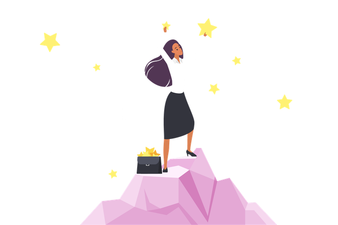 Successful businesswoman standing on mountain to collect stars  イラスト