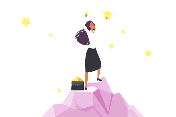 Success And Victory Goal Achievement And Businesswoman Career Vector Illustration Cartoon Woman Entrepreneur Standing High On Mountain To Collect Stars From Blue Sky Reach Work Progress And Growth イラスト
