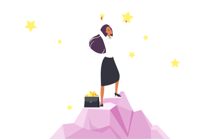 Successful businesswoman standing on mountain to collect stars  Illustration