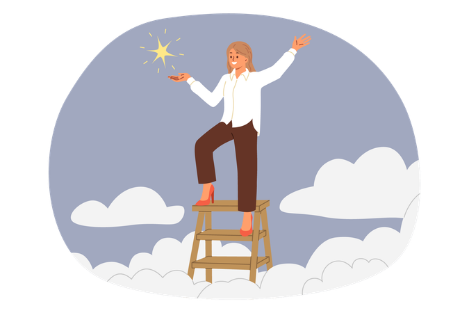 Successful businesswoman stands at top ladder in sky and holds star rejoicing at results achieved  Illustration