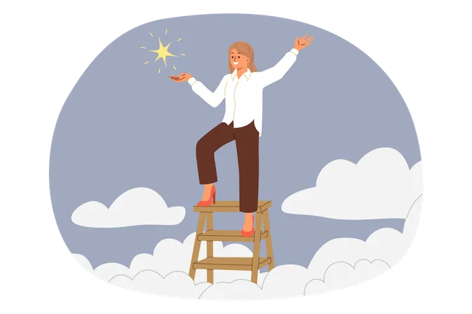 Successful Businesswoman Stands At Top Of Ladder In Sky And Holds Star Rejoicing At Results Achieved Successful Girl Manager Climbed Career Ladder Or Achieved Excellent Results In Business Illustration