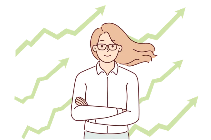 Successful Businesswoman Stands With Arms Crossed Near Arrow Graphs Pointing Up Successful Woman Manager Is Proud Of Business Achievements And Increasing Company Profits Due To Ambitious Lifestyle Illustration
