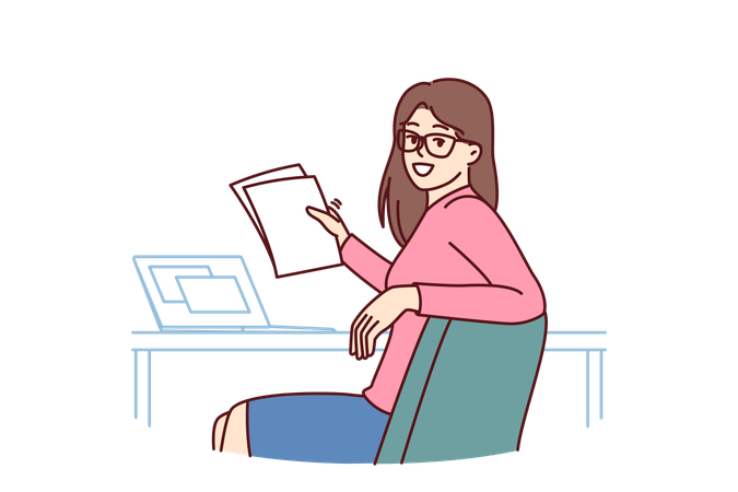 Successful businesswoman turning around and looking at camera while doing paperwork  Illustration