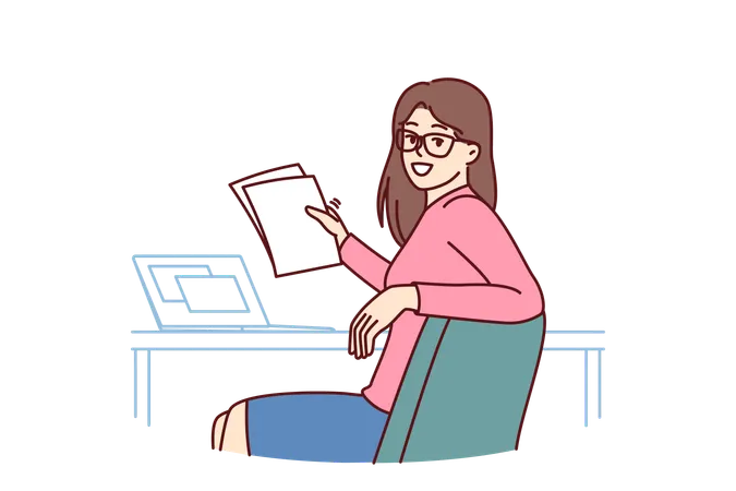 Successful Woman Office Worker Holds Papers And Sits At Table With Laptop Making Career As Accountant Or Lawyer Successful Businesswoman Turning Around And Looking At Camera While Doing Paperwork Illustration