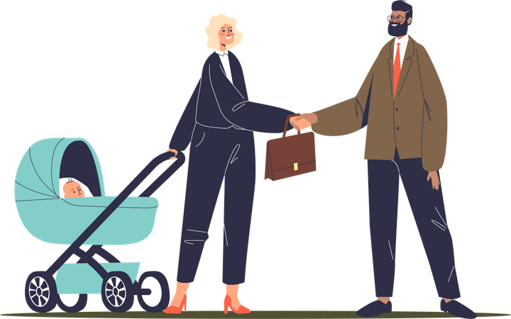 Successful businesswoman with baby stroller meeting with business partners  Illustration