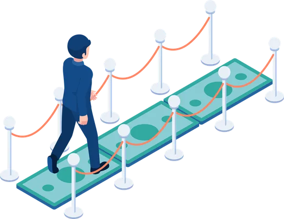 Flat 3 D Isometric Businessman Walking On Money Carpet Successful Career Path Concept Illustration