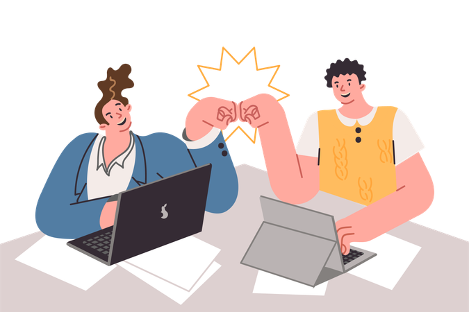 Successful collaboration of men students working sitting at desk  Illustration