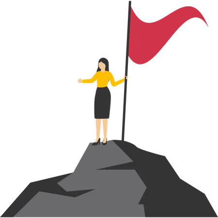 Concept Of Leadership Or Challenge And Achievement Woman Successful Entrepreneur Without Fear Successful Entrepreneur At Top Of Career Ladder Holding Winner Flag Looking For Future Visionary Illustration