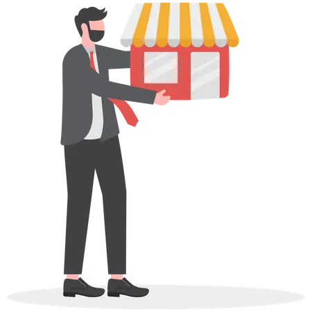 Small Business Idea Successful Entrepreneur With Small Retail Shop Or Storefront Shop Owner Or Merchandise Opportunity Concept Illustration