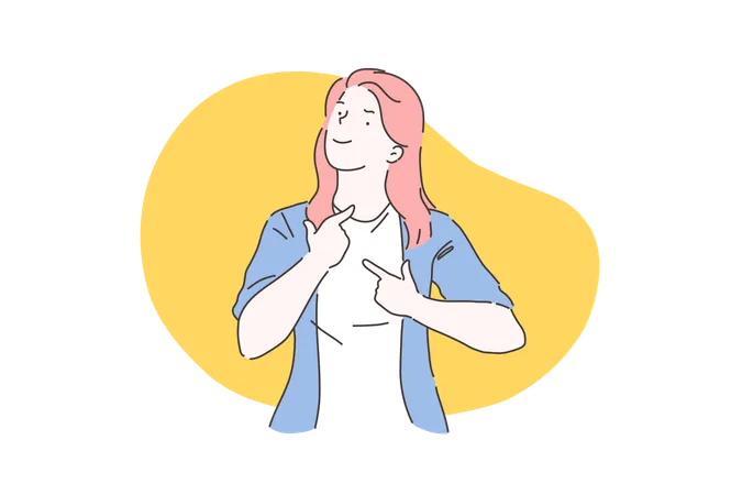 Successful Lady Self Esteem Girl Power Concept Confident Young Woman Pointing At Herself With Pride And Satisfaction Gesture Female Thyroid Health Awareness Simple Flat Vector Illustration