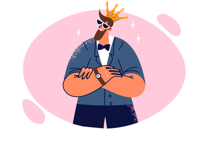 Successful man boss in crown stands with arms crossed demonstrating confidence and ambition  Illustration