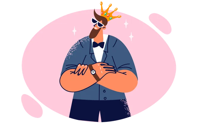 Successful Man Boss In Crown Stands With Arms Crossed Demonstrating Confidence And Ambition To Achieve Goal Cool Guy Working As CEO Of Successful Company Posing In Golden Crown And Sunglasses Illustration