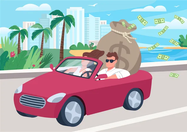 Successful man in car with money bag Illustration