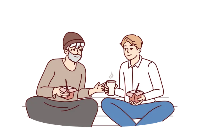 Successful man is having lunch with homeless person treating needy person with food  Illustration