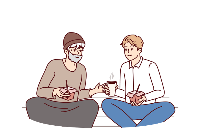 Successful man is having lunch with homeless person treating needy person with food  Illustration