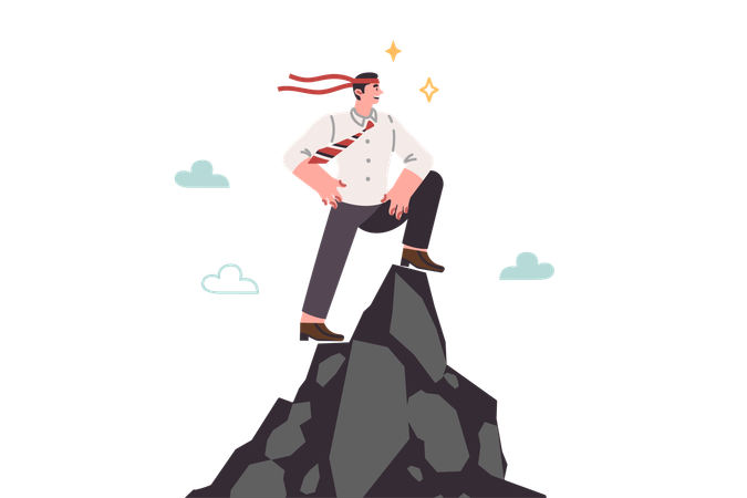 Successful man leader stands on top of cliff with bandage on head and looks confidently into future  Illustration