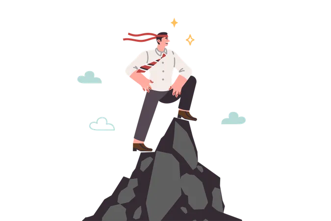 Successful man leader stands on top of cliff with bandage on head and looks confidently into future  Illustration