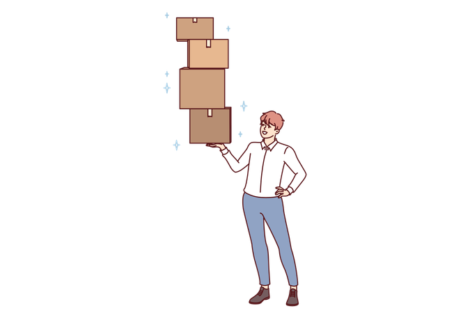 Successful man lifts several boxes with ease demonstrating professional skills in fulfillment  Illustration