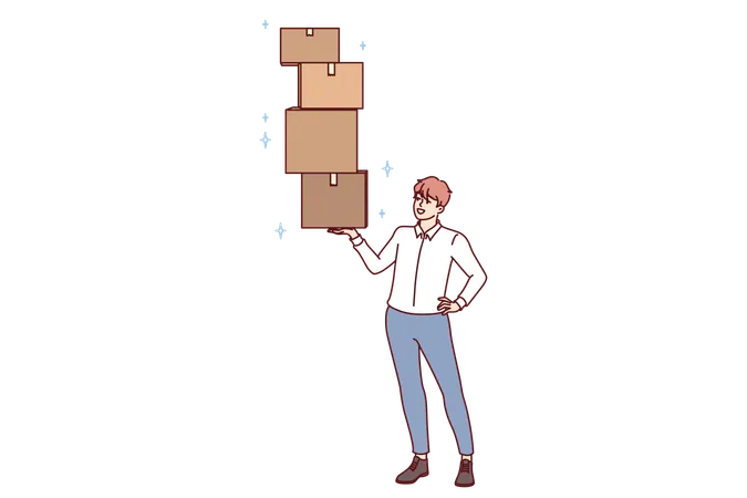 Successful Man Lifts Several Cardboard Boxes With Ease Demonstrating Professional Skills In Fulfillment Of Goods Businessman Engaged In Logistics Or Storage Services And Owns Fulfillment Company Illustration