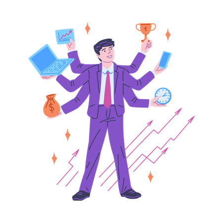 Successful man with many hands shows high productivity level.  Illustration