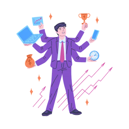 Successful man with many hands shows high productivity level.  Illustration