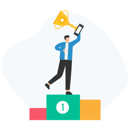 Successful manager celebrating victory holding golden trophy and smartphone  Illustration