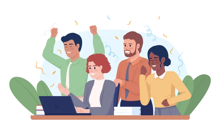 Successful Project Completion 2 D Vector Isolated Illustration Happy Colleagues With Laptop Flat Characters On Cartoon Background Colorful Editable Scene For Mobile Website Presentation Illustration