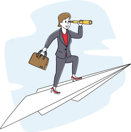 Business Woman Character With Briefcase And Spyglass Fly On Paper Airplane Successful Project Creative Business Innovation Startup Career Vision Aim Achievement Linear People Vector Illustration Illustration