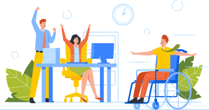 Healthy And Disabled Business Colleagues Fun In Office Successful Project Deal Celebration Victory Goal Achievement Businesspeople Characters Rejoice For Good Job Done Cartoon Vector Illustration Illustration