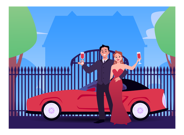 Successful rich couple in front of luxurious car  Illustration