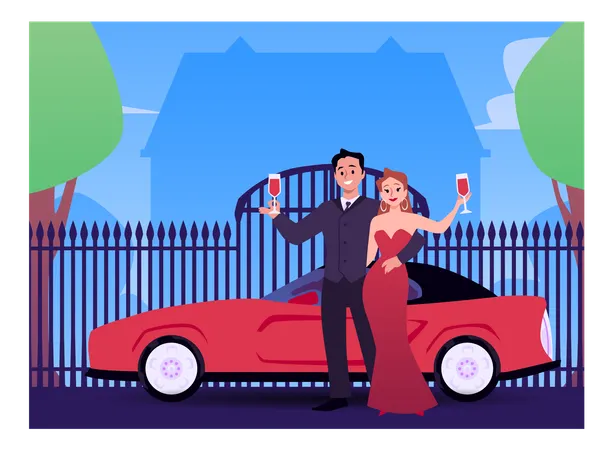Successful rich couple in front of luxurious car  Illustration