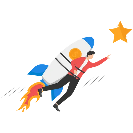 Successful Start Up Fast Growth Of New Innovative Business Company Entrepreneurship Concept Confident Business Appears At Opening Rocket Windows To Graph Bright Star Illustration