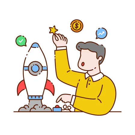 Man Launches Rocket And Gets Star Startup Business Concept Illustration 일러스트레이션