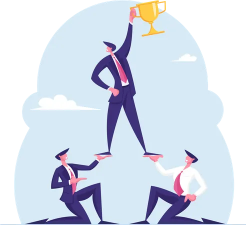 Successful Team Work Concept Pyramid Of Business People Leader Holding Golden Goblet On Top Leadership Teamworking And Creative Idea Conceptual Success Metaphor Cartoon Flat Vector Illustration Illustration