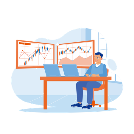 Successful Trader Working In Front Of Laptop In Office  Illustration