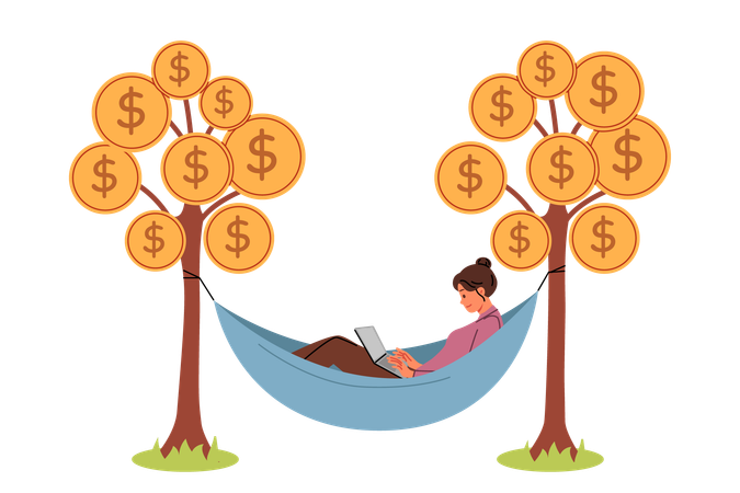 Successful woman earns passive income by lying in hammock between trees with coins and using laptop  Illustration