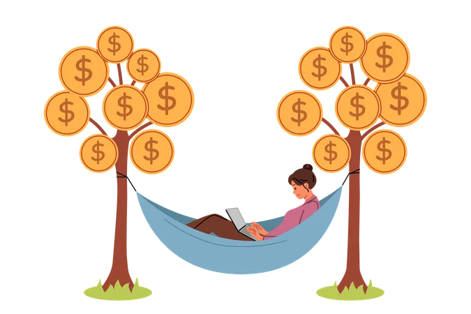 Successful Woman Earns Passive Income By Lying In Hammock Between Two Trees With Coins Instead Of Leaves And Using Laptop Self Sufficient Girl With Computer Has Passive Income From Investments Illustration