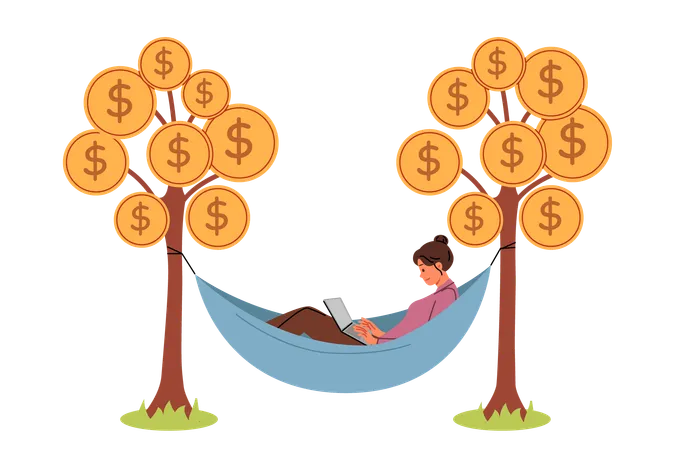 Successful woman earns passive income by lying in hammock between trees with coins and using laptop  Illustration