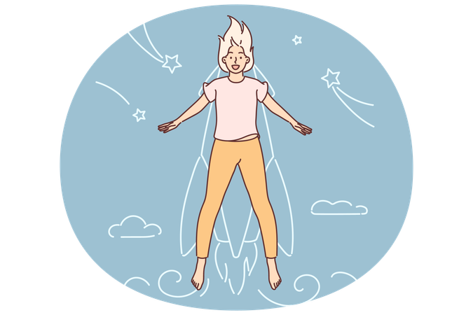 Successful woman flies on fictional rocket symbolizing progress in education or career  Illustration