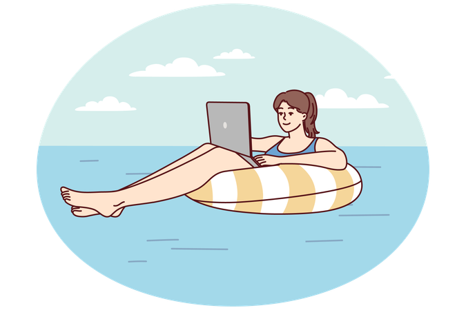 Successful woman floats on air mattress in sea with laptop on lap in sunny resort  Illustration