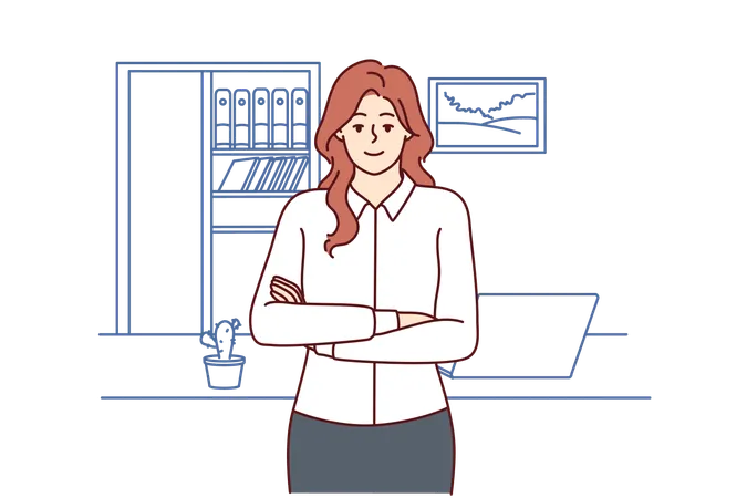 Successful Woman Office Worker Stands With Arms Crossed Near Desktop And Looks At Screen Businesswoman Works As Accountant Or Provides Auditing Services For Entrepreneurs And Successful Business Illustration